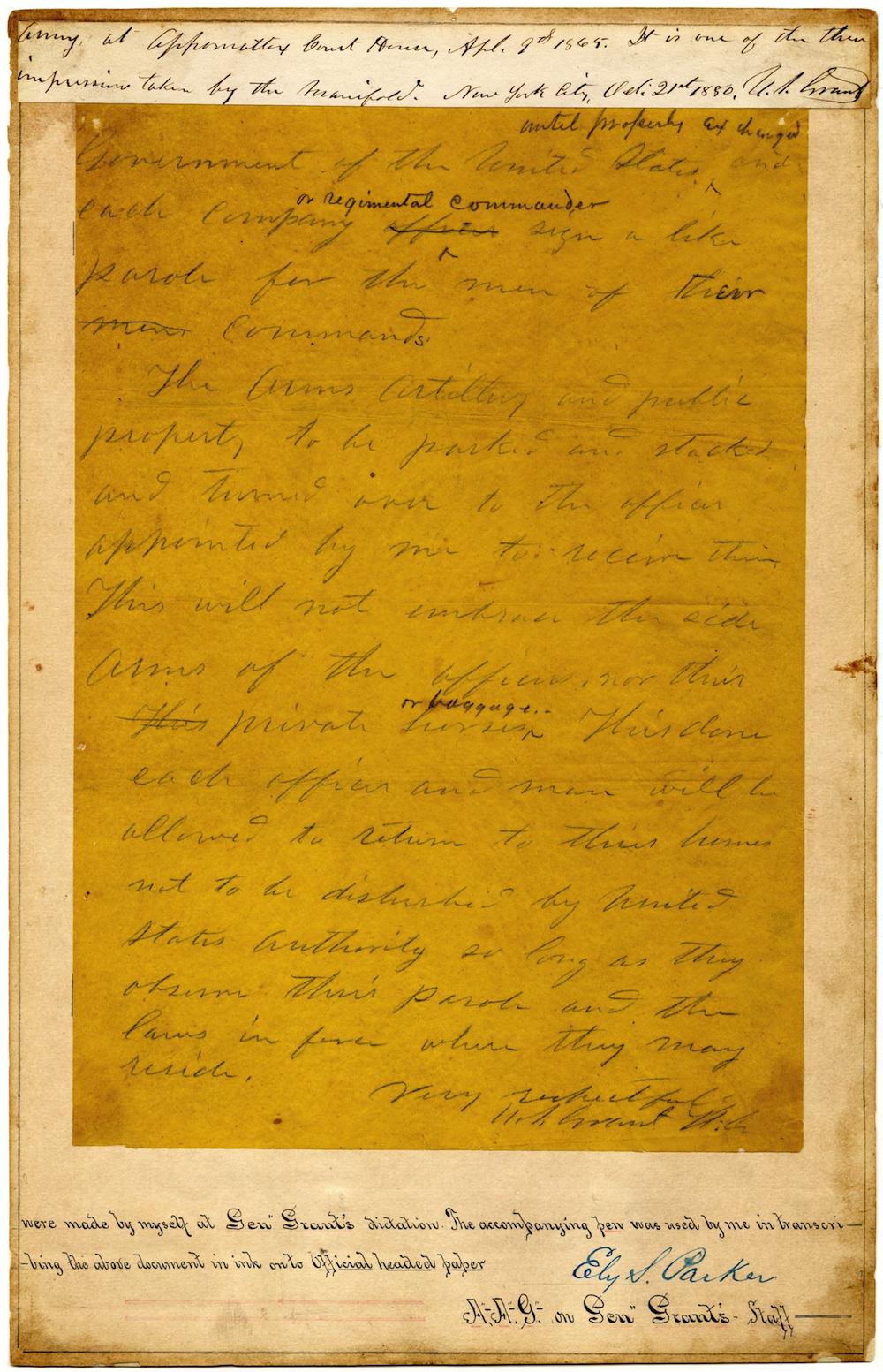 Surrender at Appomattox: Grant's surrender terms drafted by Ely Parker.