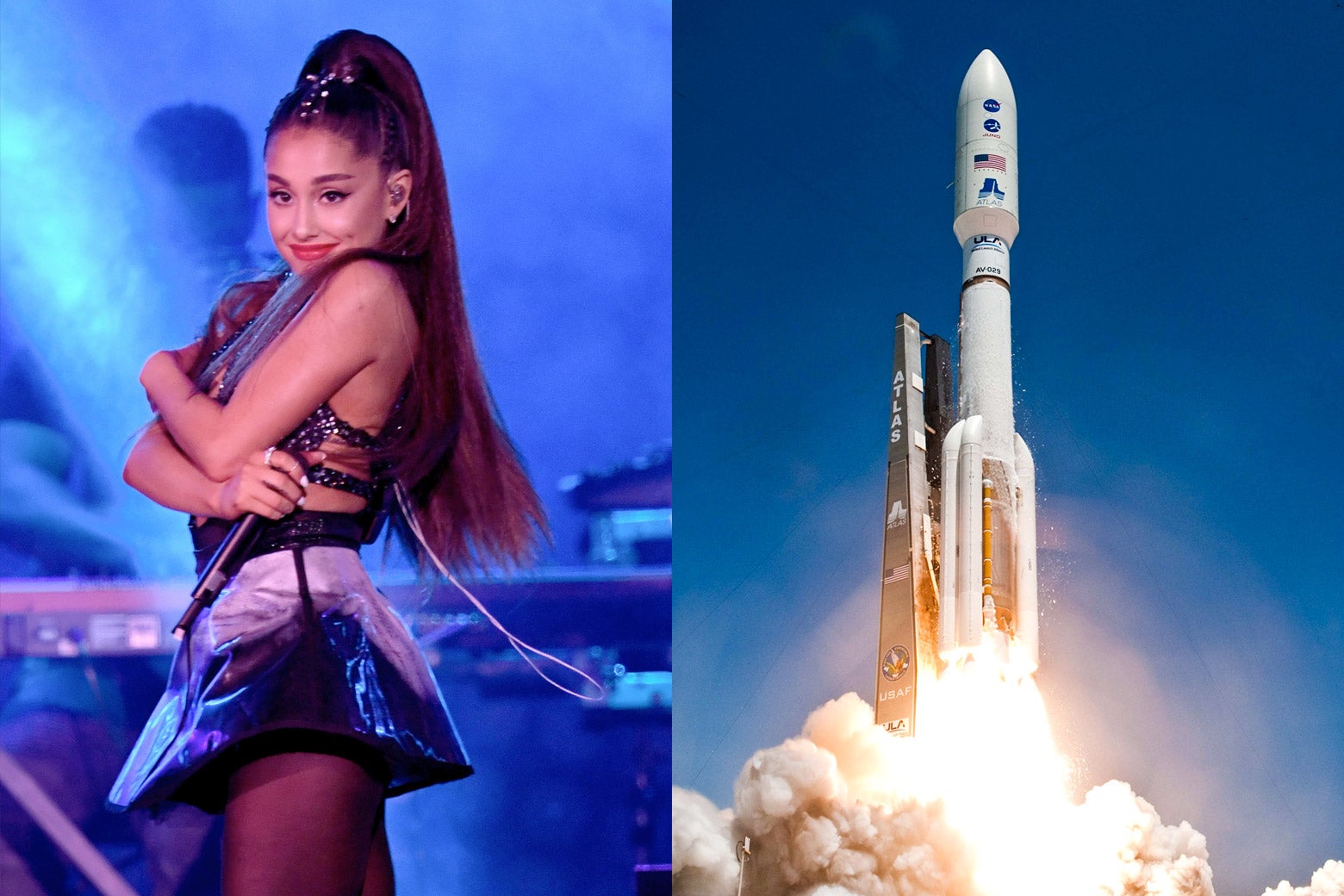 Ariana Grande performs onstage and a NASA rocket taking off.