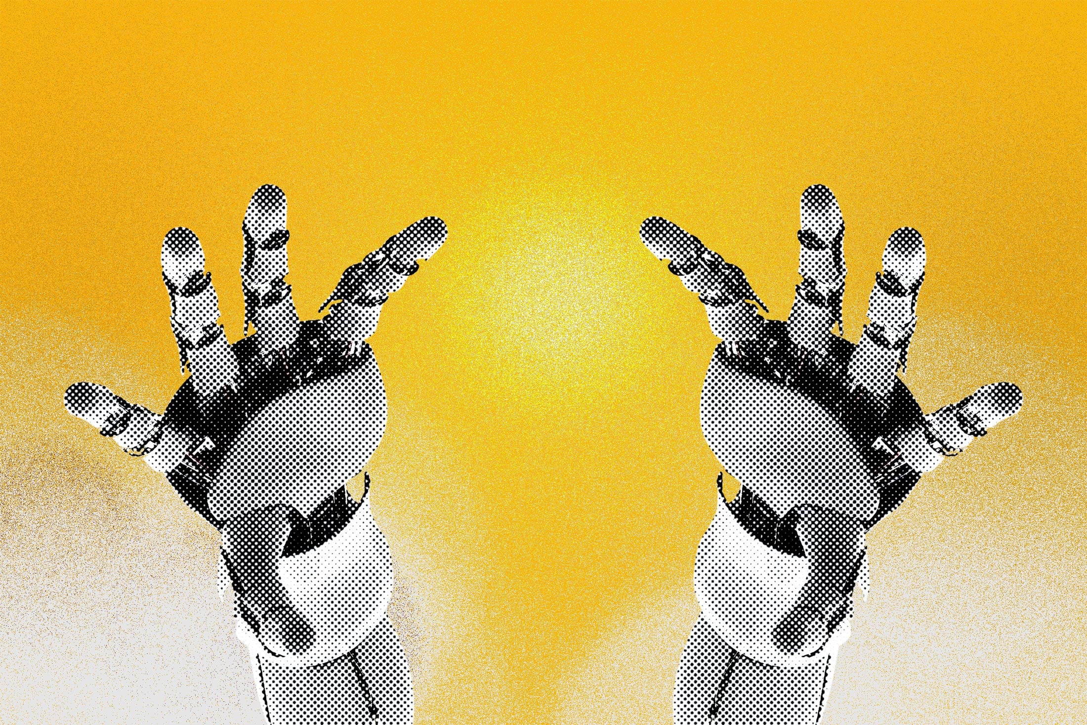 Robot hands reaching toward a golden heaven
