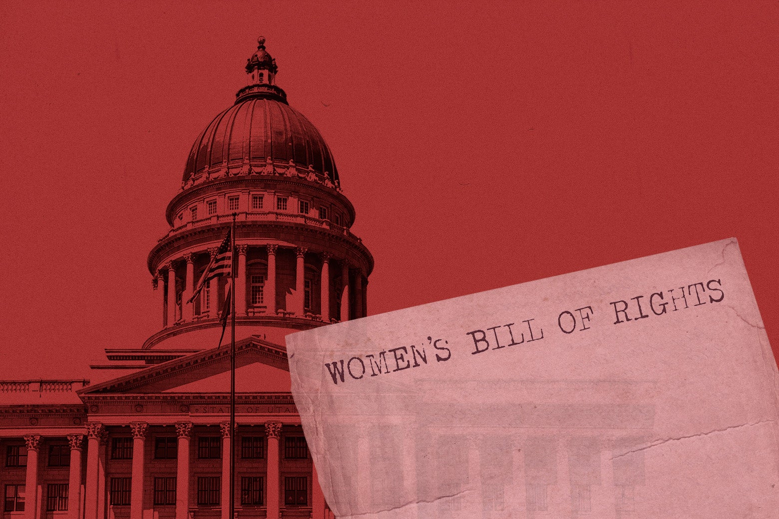 A state capitol building, tinted red, with a "Women's Bill of Rights" document in the foreground.