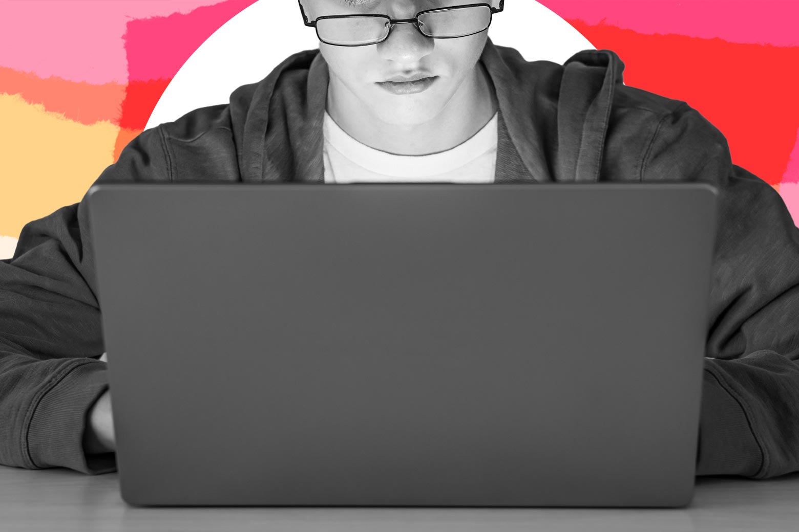 A young adult on a laptop in front of an illustrated background.