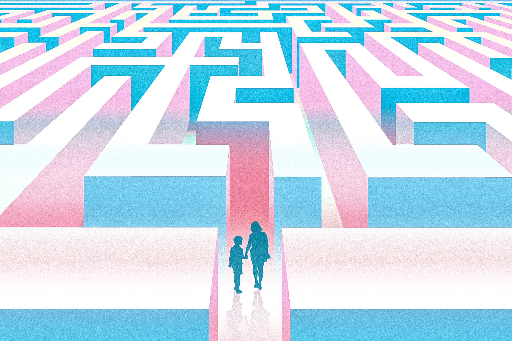 A parent and young child, holding hands, begin to walk through a complicated, twisty blue-and-pink maze.