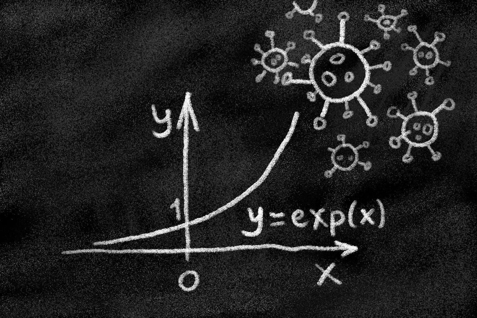 A chalkboard drawing of an exponential growth with some coronavirus molecules up and to the right.