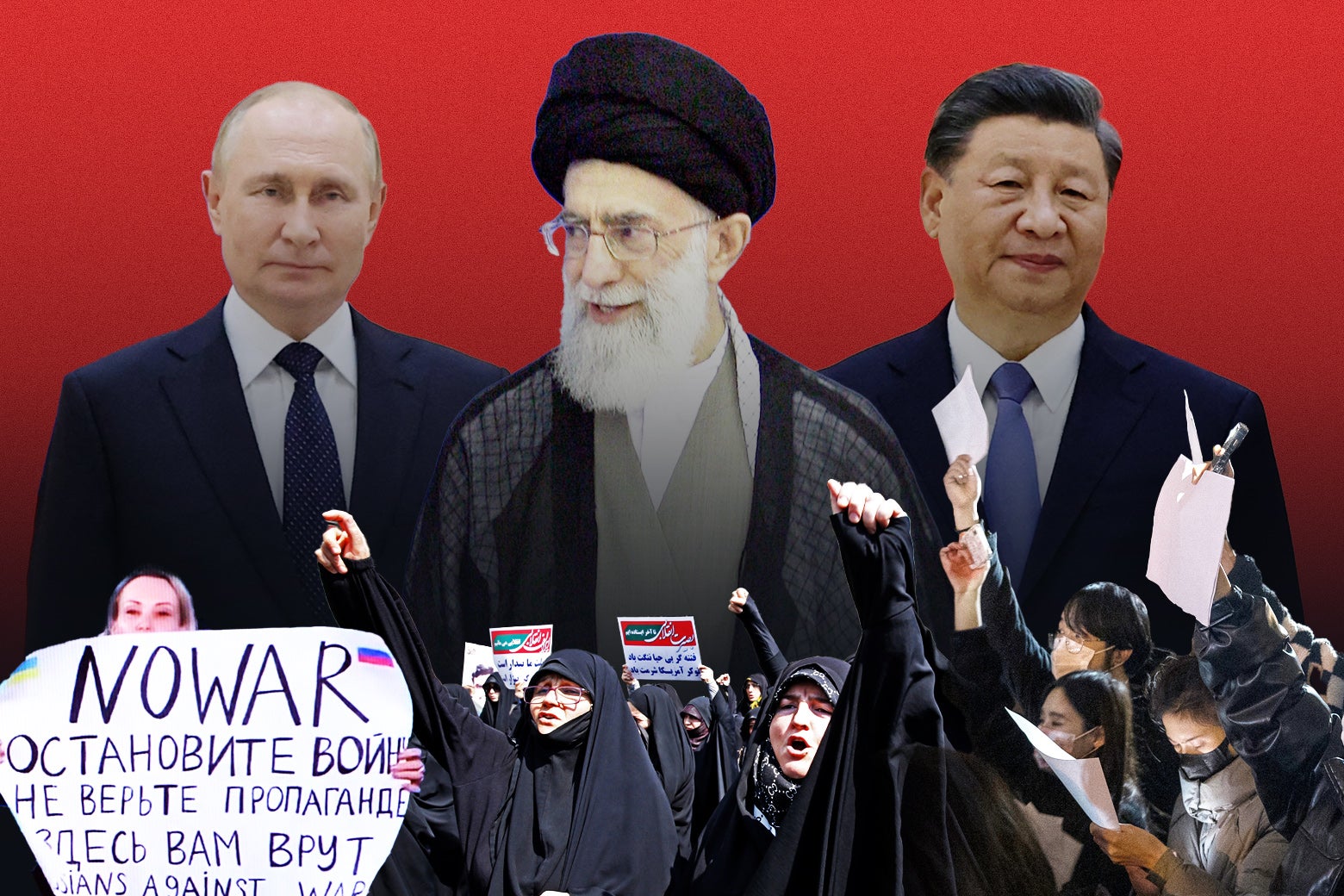 Images of Ayatollah Ali Khamenei in Iran, Vladimir Putin in Russia, and Xi Jinping in China, foregrounded by protesters.
