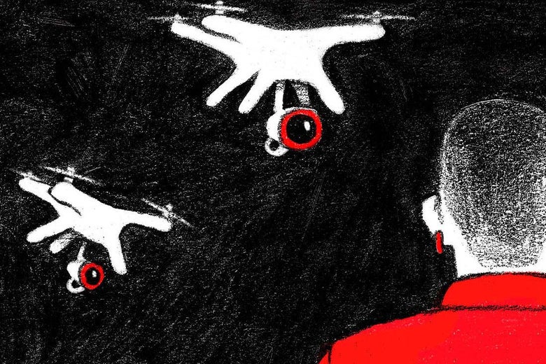 Drones with cameras spy on a person.