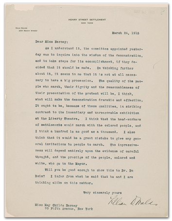 Letter from Lillian Wald to May Childs Nerney concerning the protest of D.W. Griffith’s film Birth of a Nation.