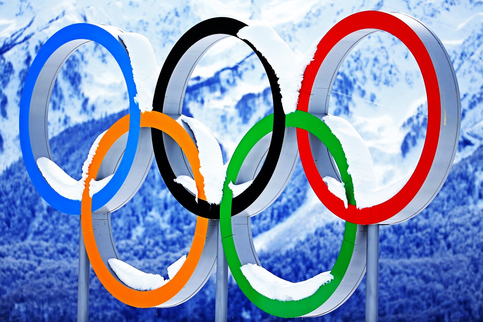 Snow collects on the Olympic Rings on the 12th day of the 2014 Sochi Winter Olympics at Laura Cross-Country Ski & Biathlon Center on Feb. 19, 2014, in Sochi, Russia.