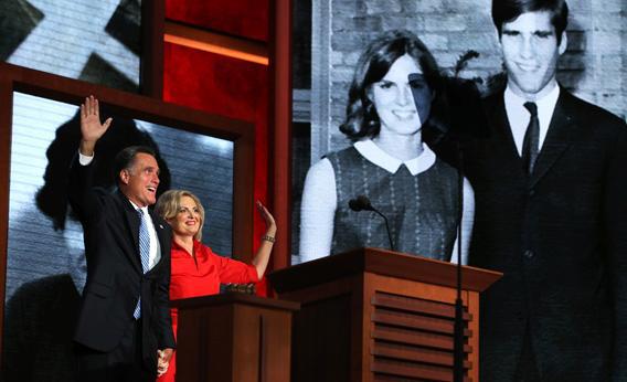 Republican presidential candidate, former Massachusetts Gov. Mitt Romney joins his wife, Ann Romney on stage during the Republican National Convention.