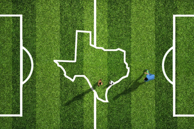 A soccer field with an outline of Texas on it.