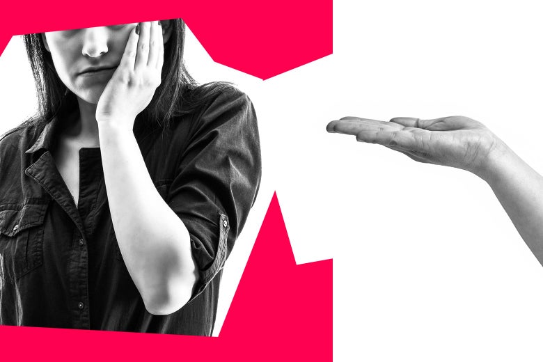 Woman looking stressed on the left and an upturned palm on the right