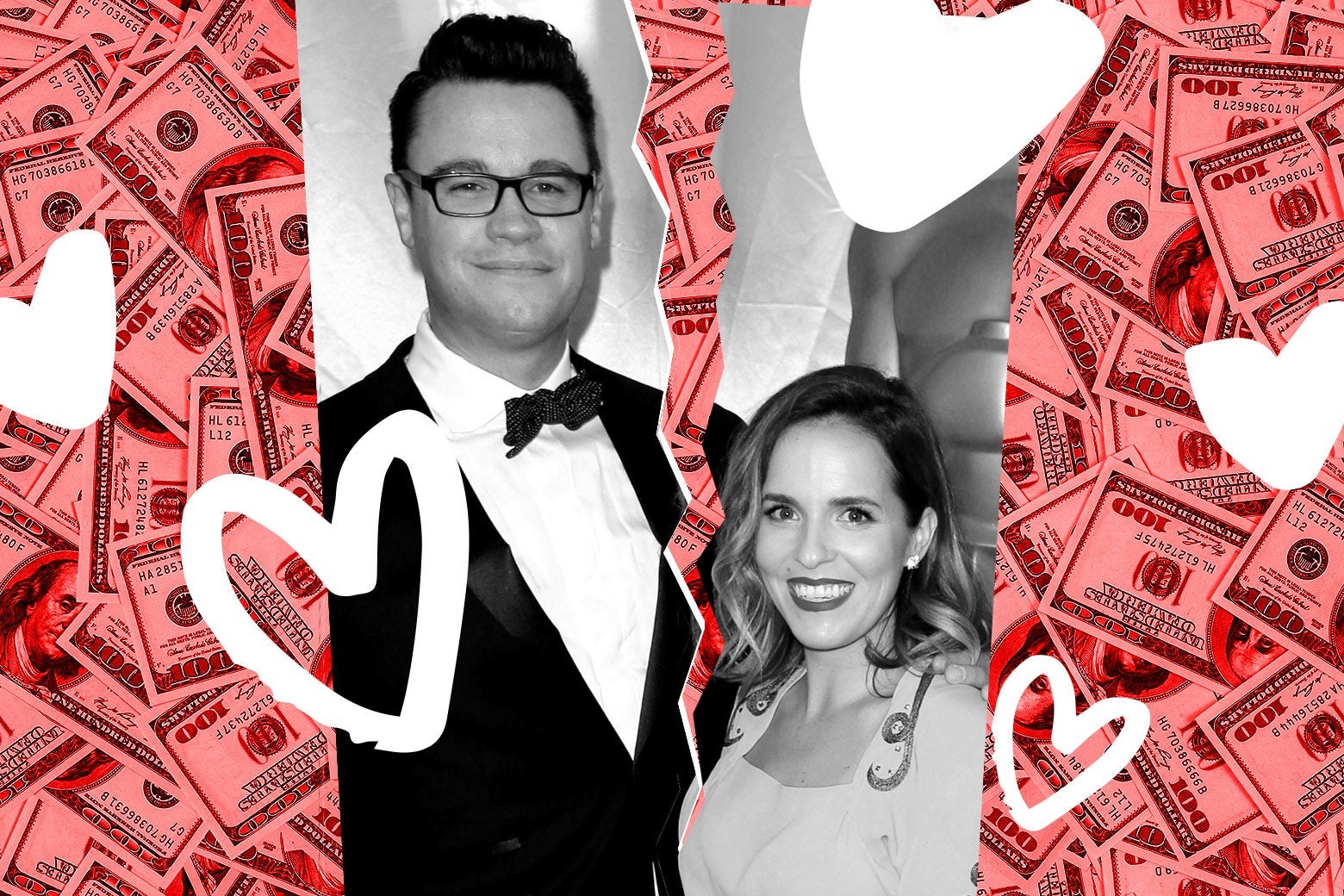 Collage of a photo of Dave and Rachel Hollis torn in half and surrounded by hearts and dollar bills