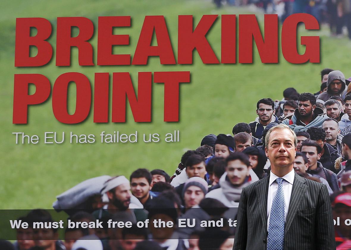 UK Independence Party Leader Nigel Farage poses during the launch of a national poster campaign urging voters to vote to leave the EU ahead of the EU referendum, in London on June 16, 2016.