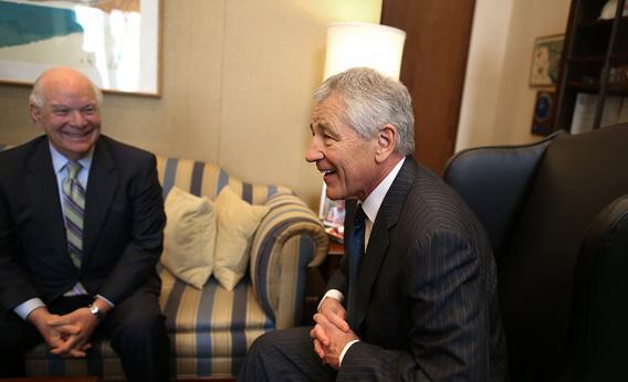 Secretary of Defense nominee and former U.S. Sen. Chuck Hagel (right) meets with Sen. Ben Cardin