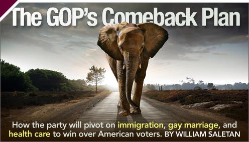The GOPs Comeback Plan; How the party will pivot on immigration, gay marriage, and health care to win over American voters. By William Saletan.