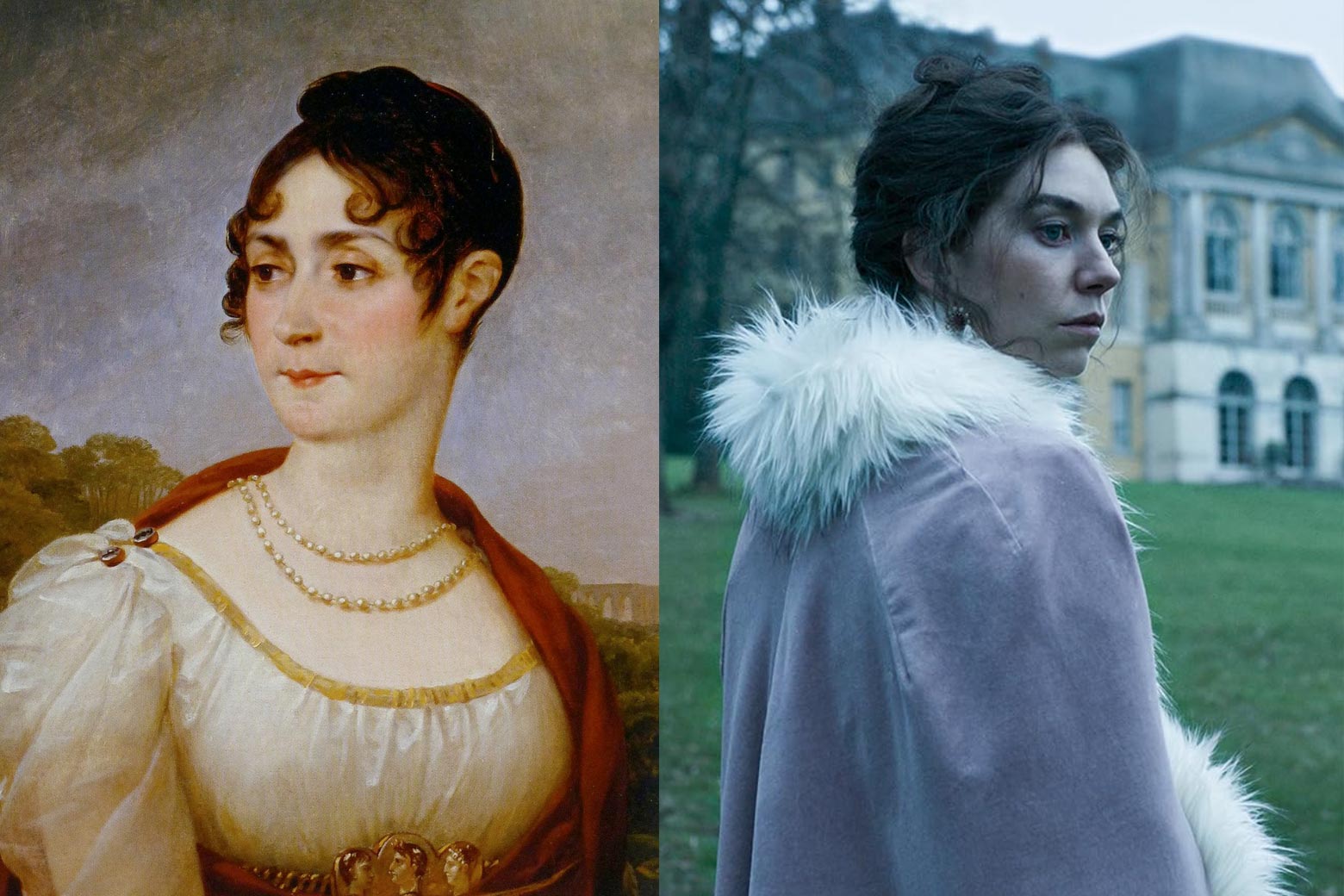 A painting of Empress Josephine next to a movie still of Vanessa Kirby as Josephine.