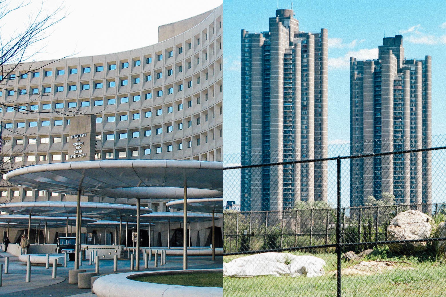 At left: The U.S. Department of Housing and Urban Development headquarters in Washington. At right: The Tracey Towers in the Bronx.