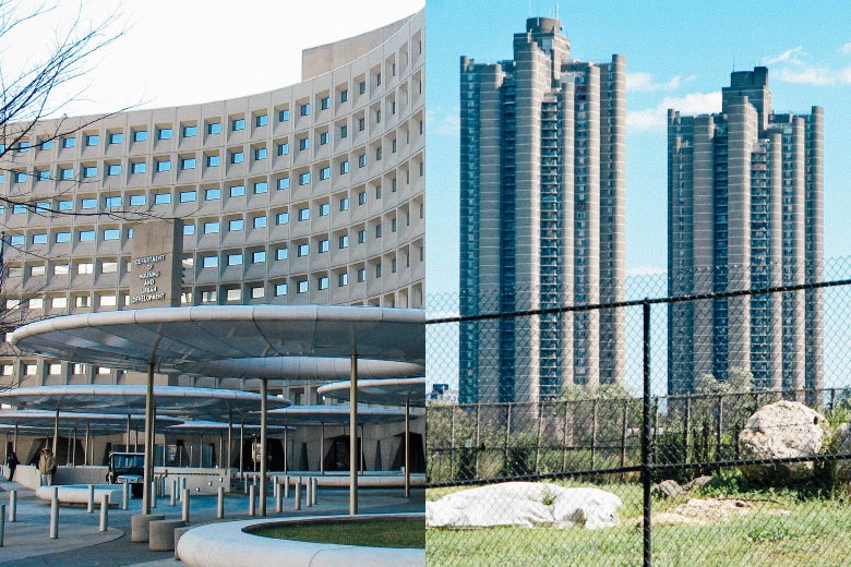 At left: The U.S. Department of Housing and Urban Development headquarters in Washington. At right: The Tracey Towers in the Bronx.