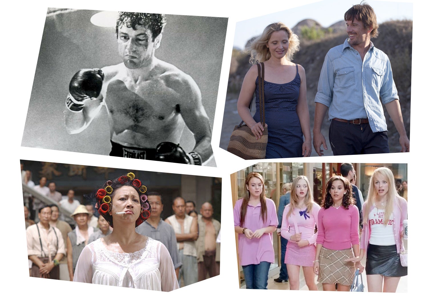 Clockwise: A still of Robert De Niro as boxer Jake La Motta in the boxing ring from Raging Bull; A still of Ethan Hawke and Julie Delpy happily walking down a well-lit pathway from Before Midnight; A still of four girls all wearing pink tops walking down a school hallway from Mean Girls; A still of an Asian woman with rollers in her hair and a cigarette sticking out of her pursed lips scrutanizing something in the distance with men gathering behind her from Kung Fu Hustle. 