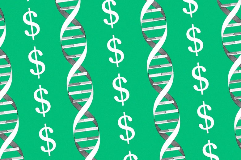 An alternating pattern of double helices and dollar signs on a green background.