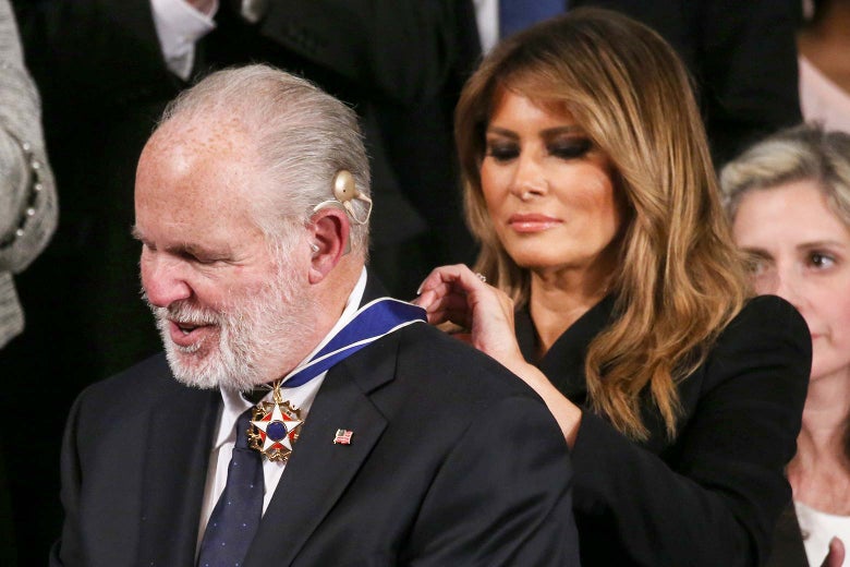 Rush Limbaugh reacting as Melania Trump places the Presidential Medal of Freedom around his neck.