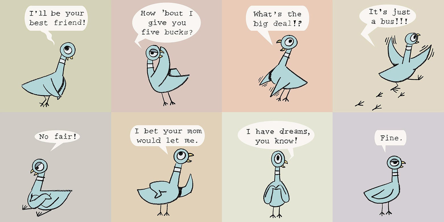 Spread of an illustrated pigeon saying: "I'll be your best friend!" and otherwise trying to persuade the reader to let him drive the bus.