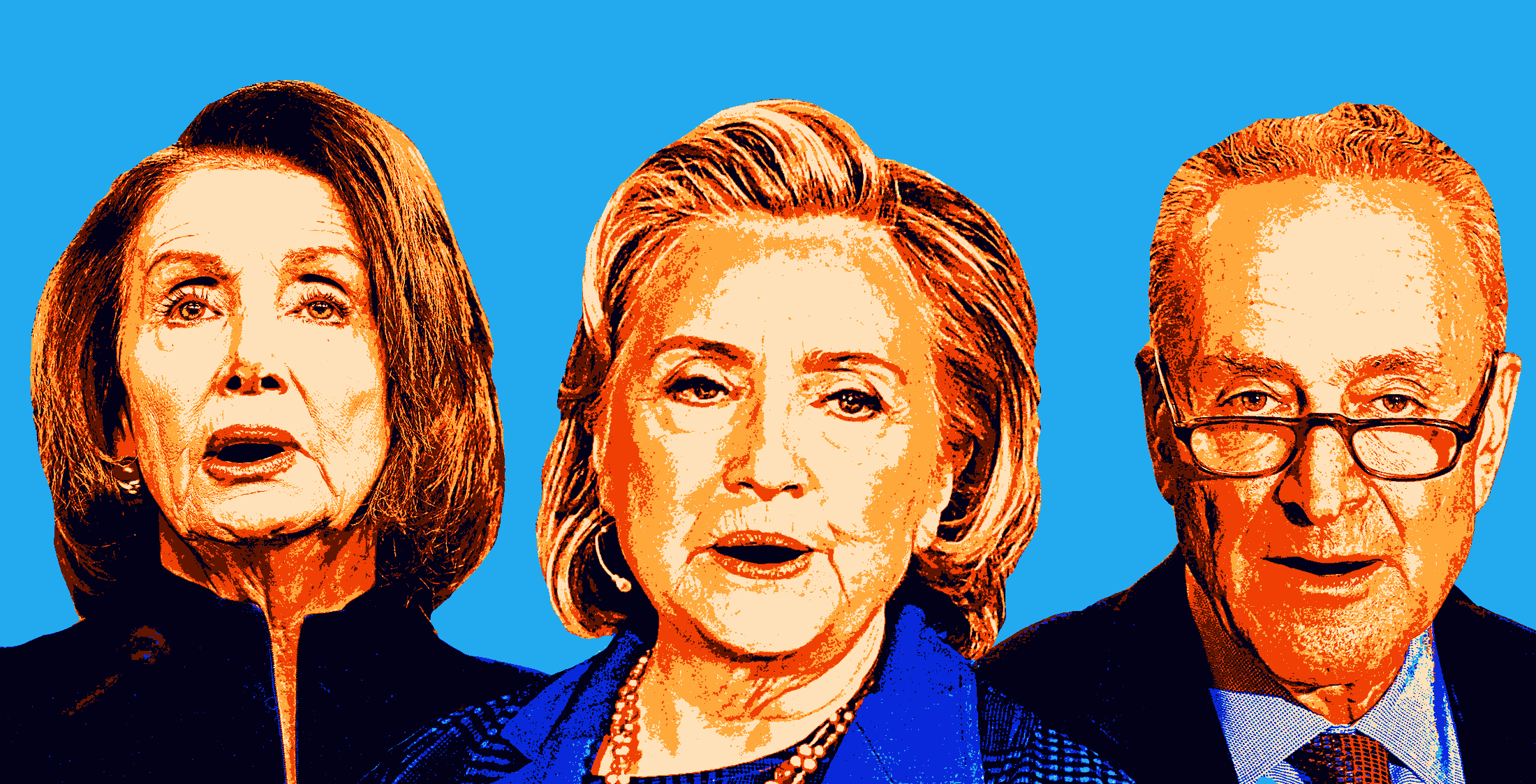 GIF of stylized images of Nancy Pelosi, Hillary Clinton, and Chuck Schumer with their jaws moving like they are talking.