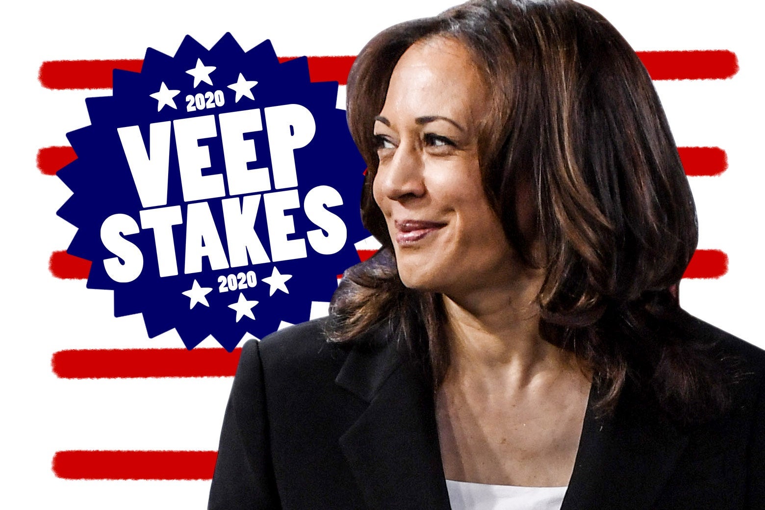 Kamala Harris, on a background with a badge that says "2020 Veepstakes."