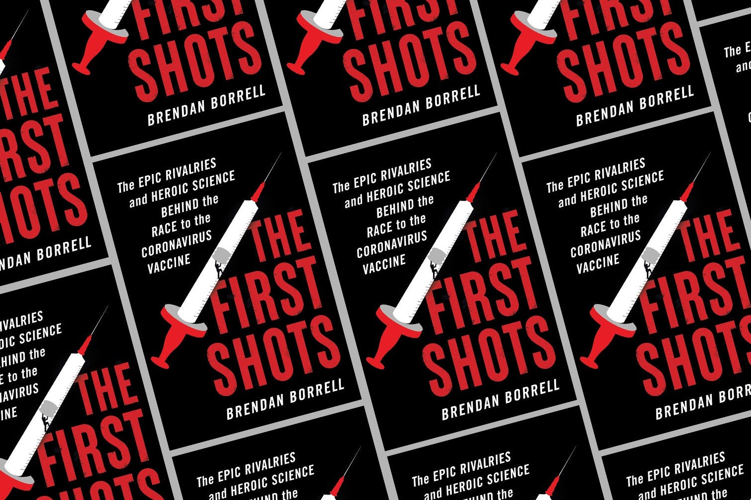 a repeating pattern of a book cover that says "the first shots"