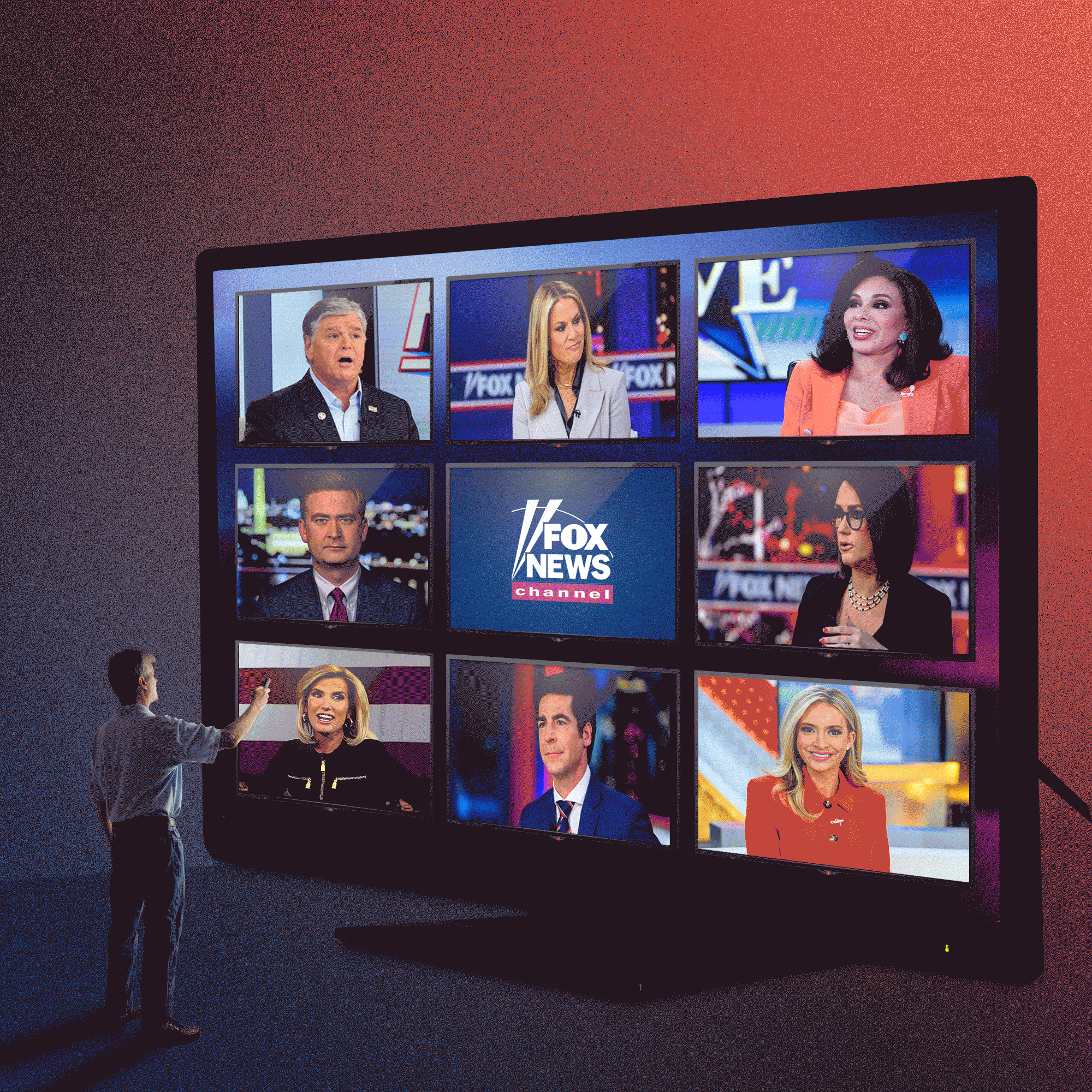 A flickering TV screen showing a smattering of Fox News personalities. A miniature person stands in front of the TV, holding a remote.
