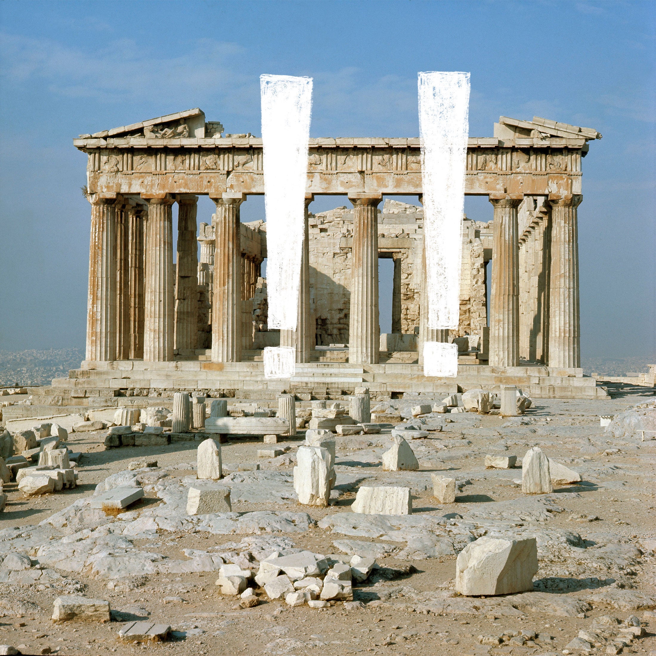 !! code snippet overlaid on the eastern facade of the Parthenon, Greece.