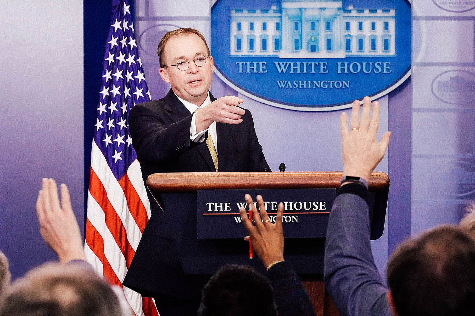 Office of Management and Budget Director Mick Mulvaney talks to reporters during a news conference about the ongoing partial shutdown of the federal government at the White House on Jan. 20 in Washington.