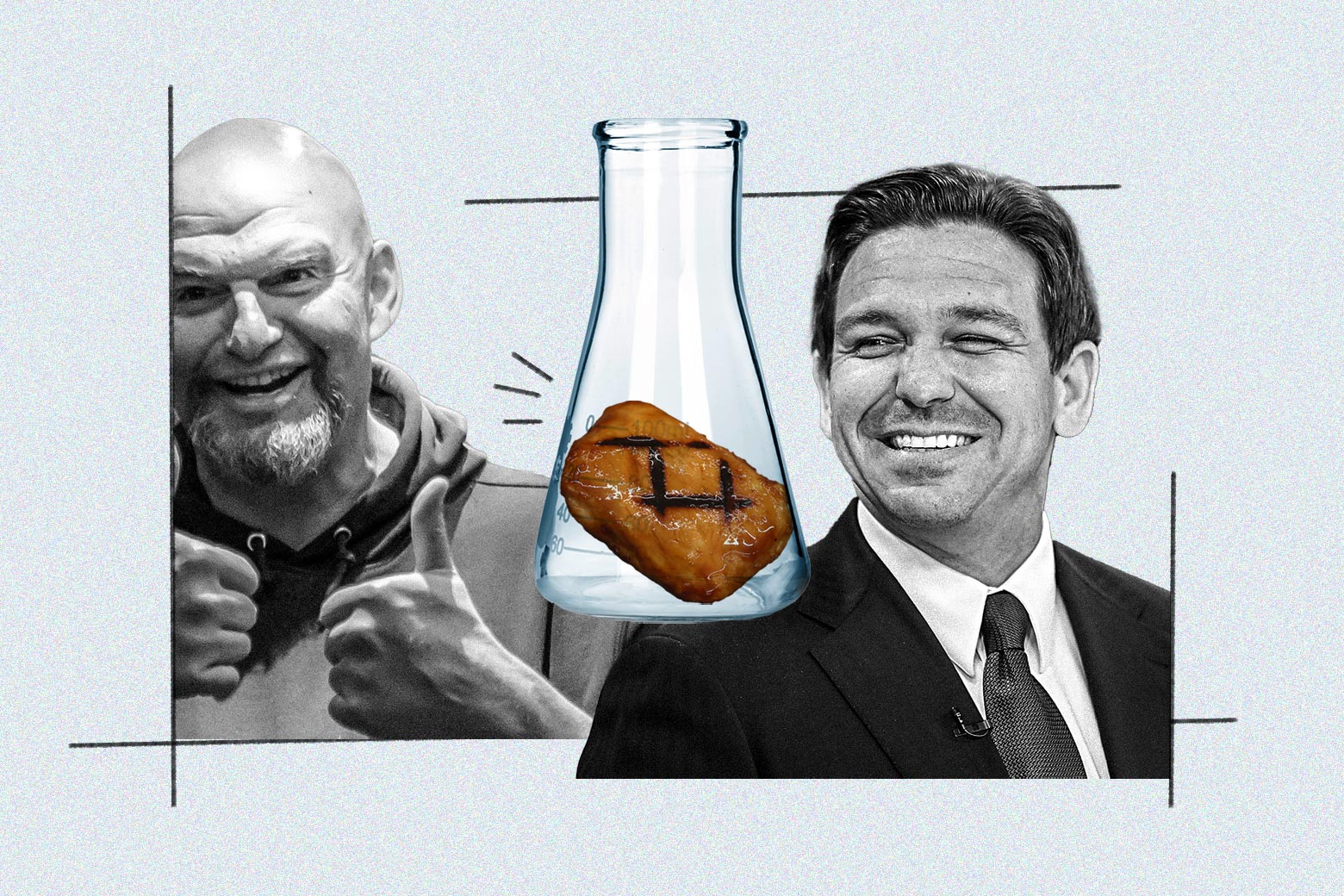 John Fetterman and Ron DeSantis smile congenially, while a beaker filled with lab-grown meat sits between them.