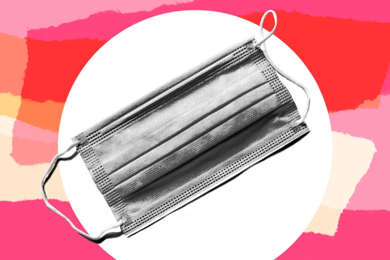 A surgical mask on a colored background