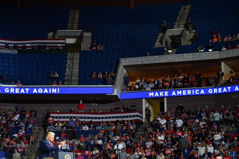 The upper section of the arena is seen partially empty as President Donald Trump speaks during a campaign rally at the BOK Center on June 20, 2020 in Tulsa, Oklahoma. 
