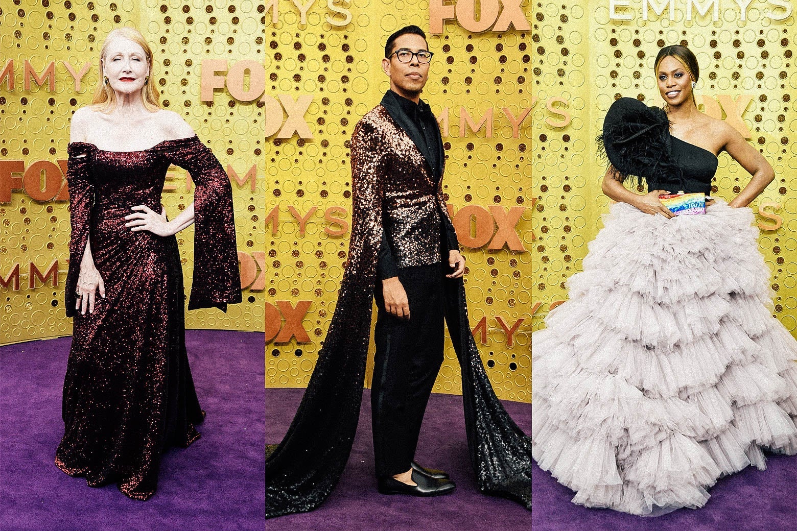 Patricia Clarkson, Steven Canals, and Laverne Cox on the Emmys purple carpet.