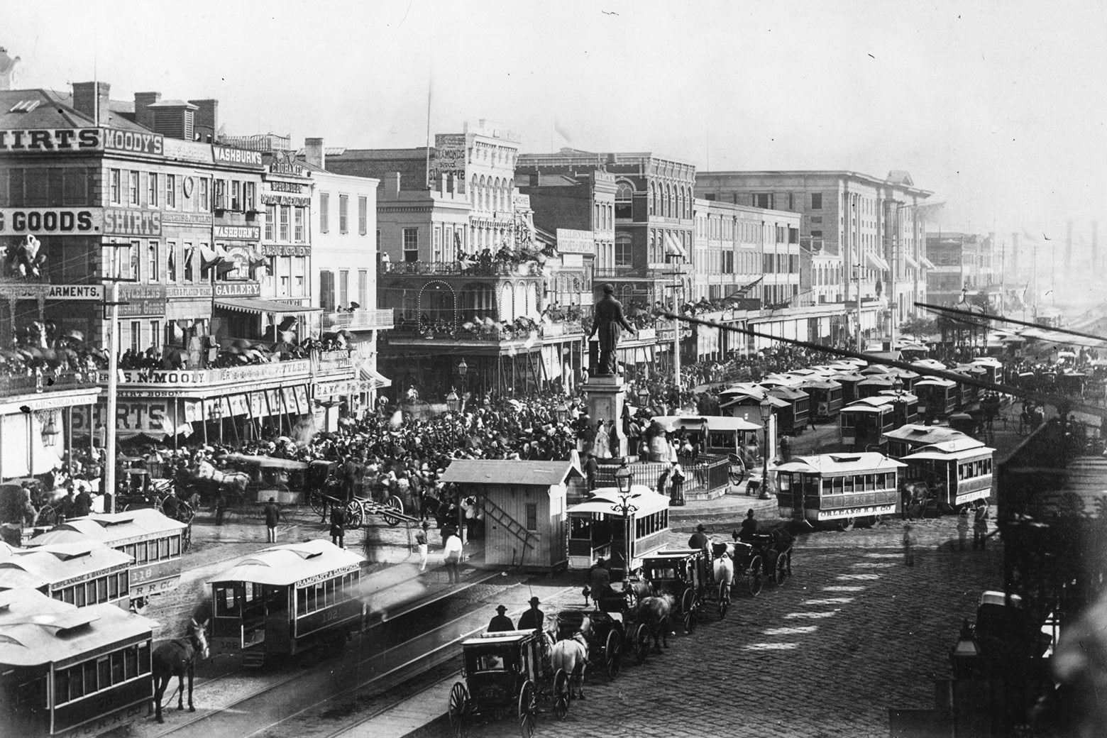 A view of a busy 19th-century street in New Orleans