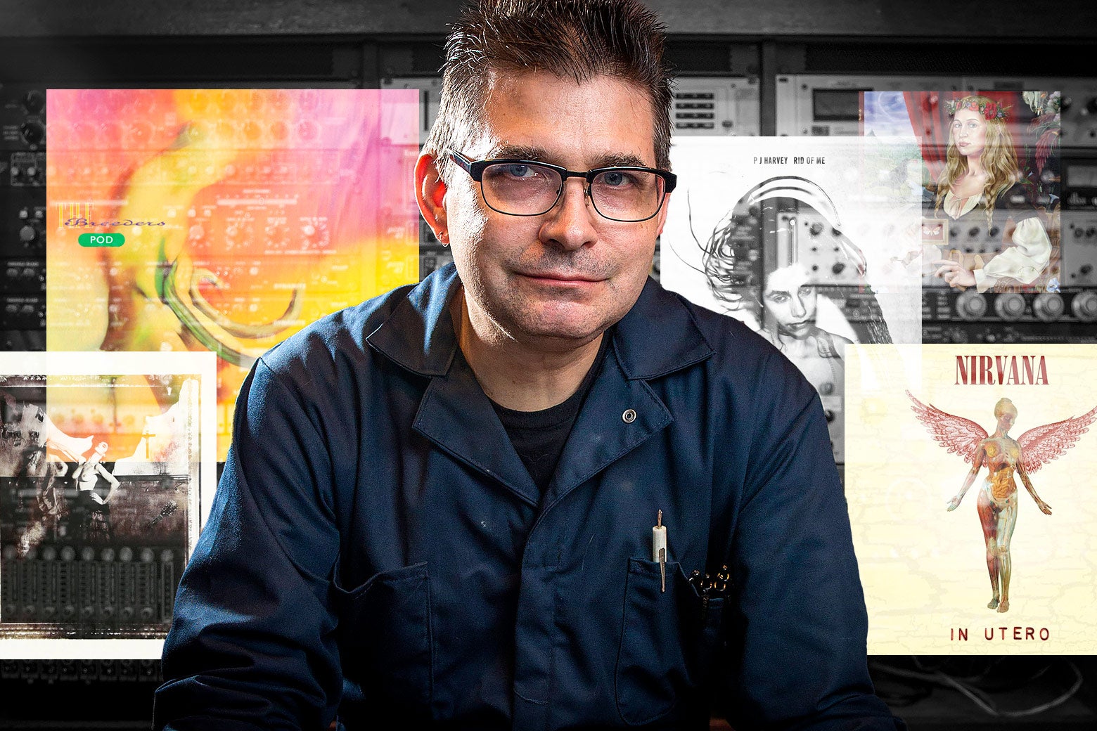 A photo of Steve Albini surrounded by the covers of some of the albums he produced: Nirvana's In Utero, Pixies' Surfer Rosa, and albums by PJ Harvey, Joanna Newsom, and the Breeders