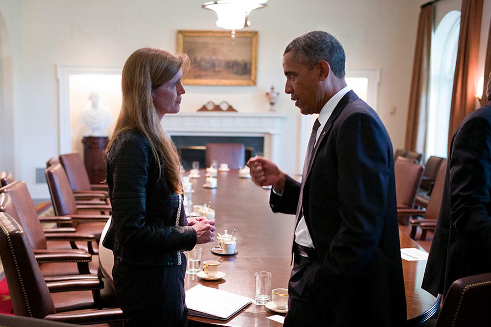 President Obama speaks with Samantha Power in a scene from The Final Year.