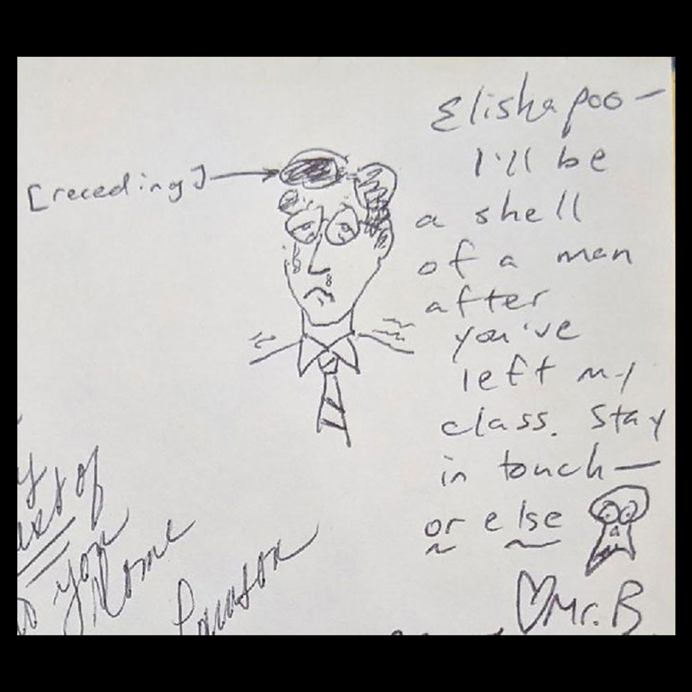 A note from Bailey to Elisha in her yearbook in which he addresses her as Elishapoo and draws a doodle of himself.