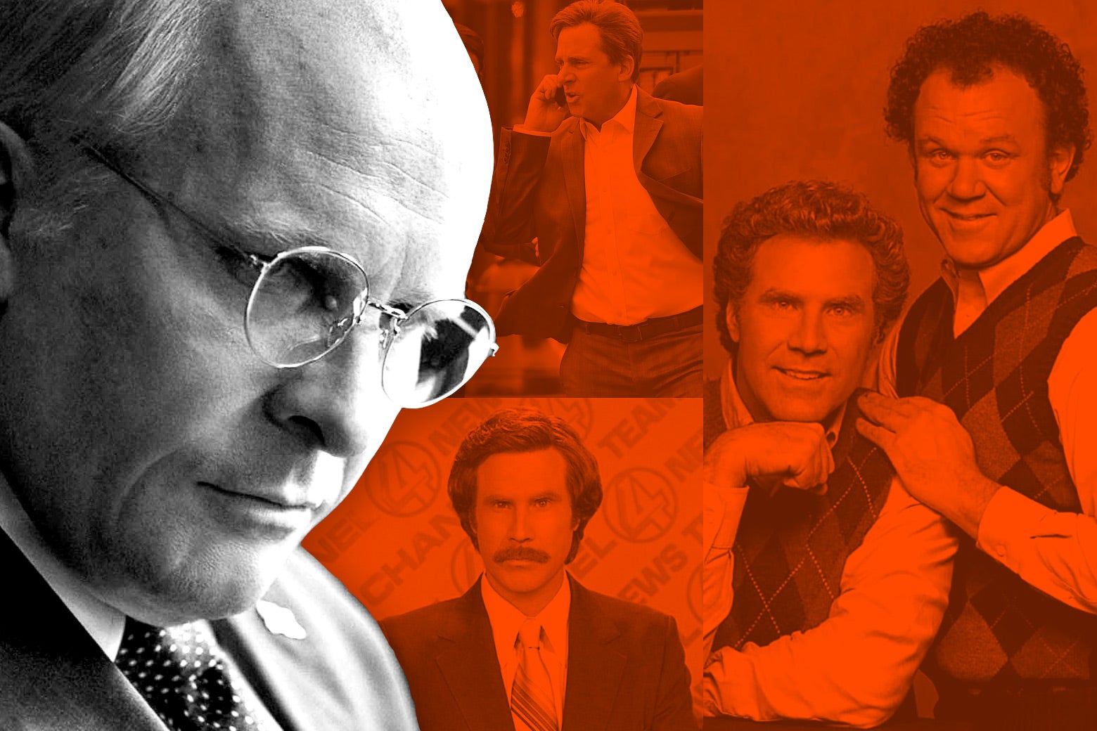Photo illustration of various Adam McKay films, including Christian Bale as Dick Cheney, Anchorman, and Step-Brothers
