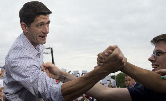 US Republican Vice Presidential hopeful Wisconsin Representative Paul Ryan greets supporters during a campaign rally at Waukesha County Expo Center in Waukesha, Wisconsin, August 12, 2012. 