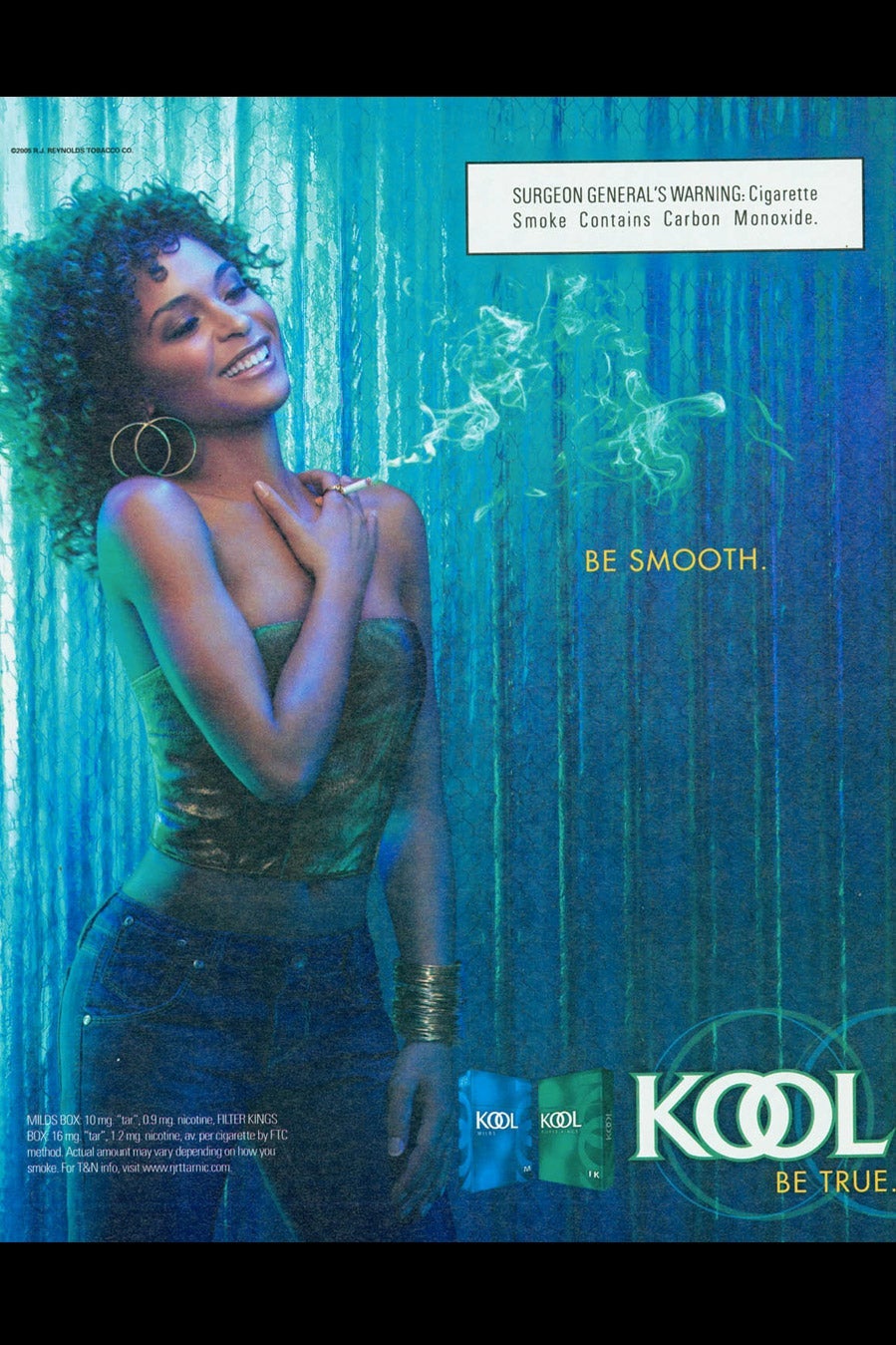 An ad depicting a curly-haired Black woman smoking a KOOL cigarette.