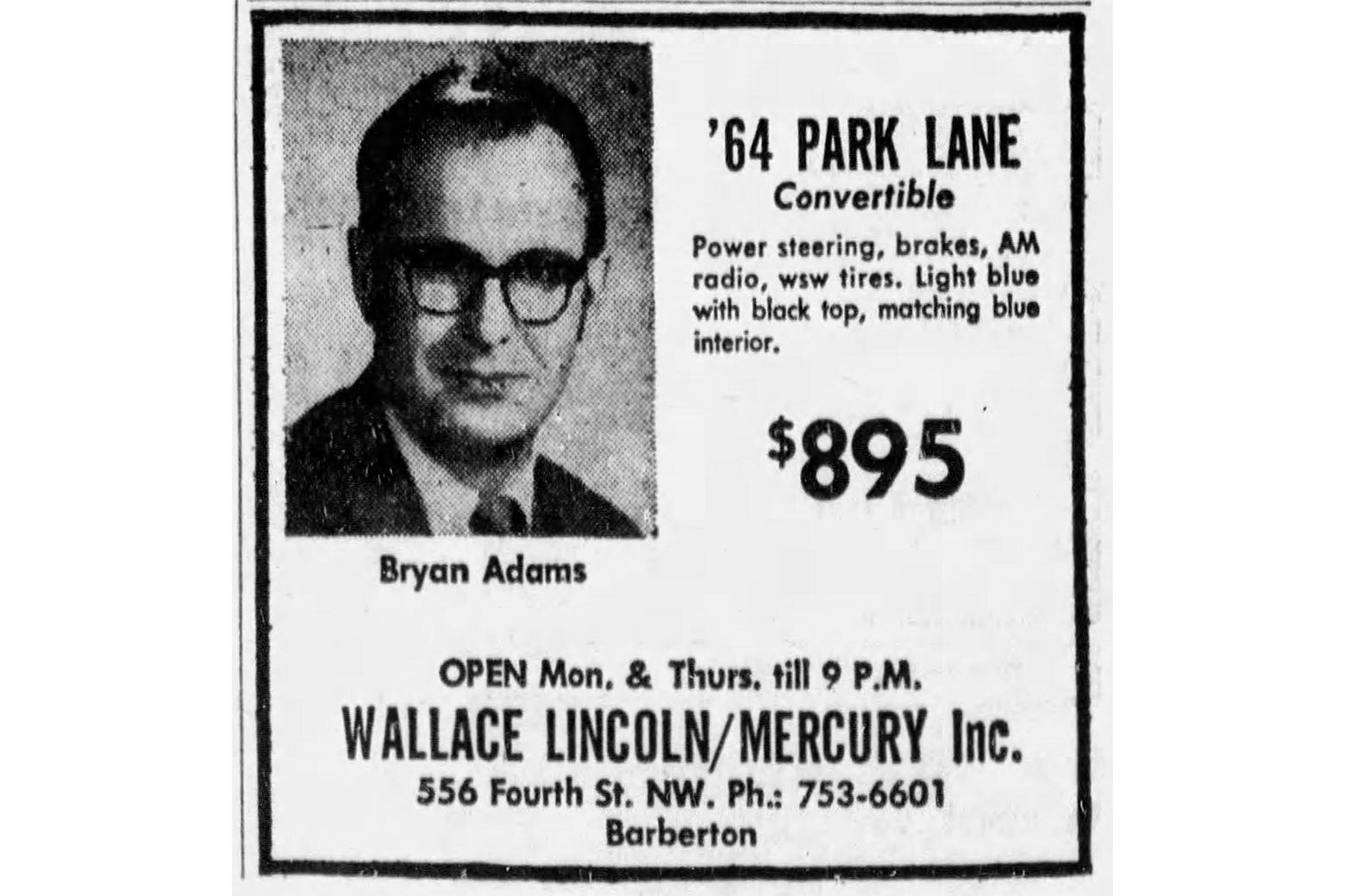 A newspaper ad for the sale of a '64 Park Lane convertible from a dealer named Bryan Adams, who is pictured in extremely uncool clothing and glasses.