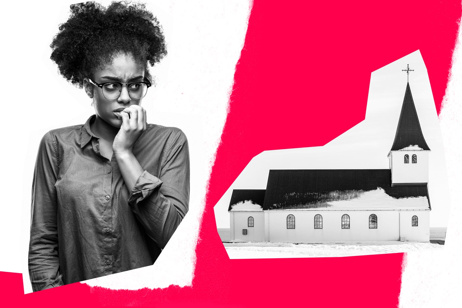 Photo collage of a worried woman staring at a church.