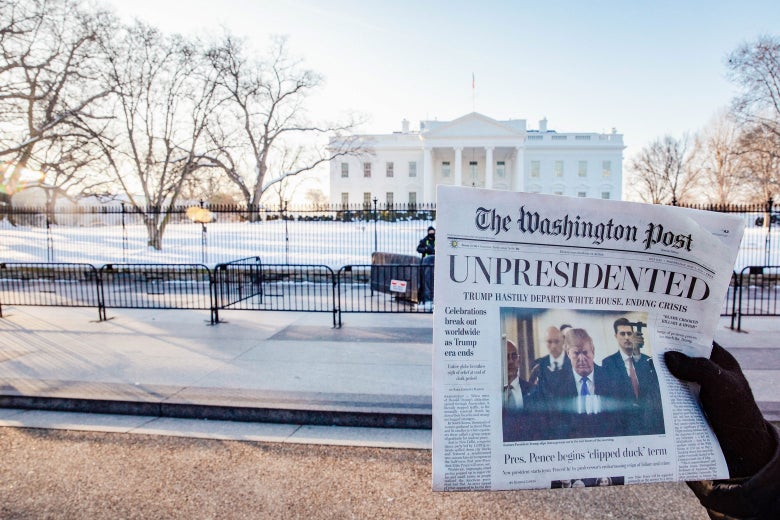 Volunteers distribute a look-alike “special edition” of the Washington Post.