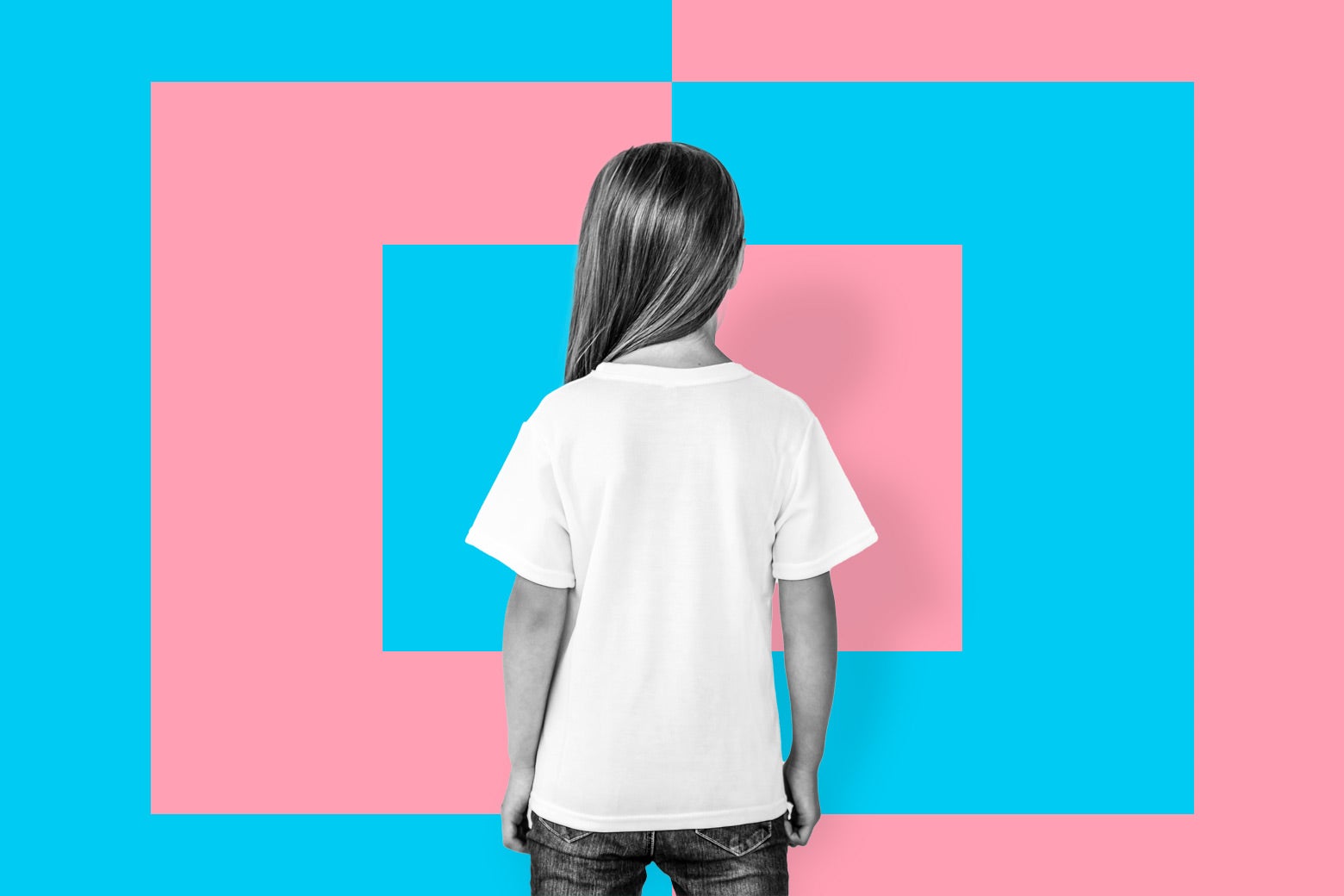 A silhouette of the back of a child against an alternating pink and blue background.