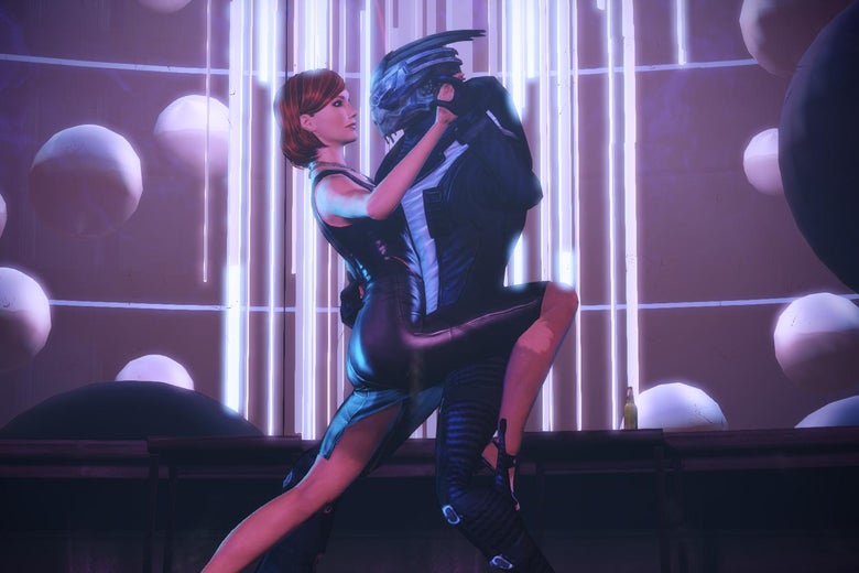 A woman with red hair wraps her leg around an alien, whose hand is around her waist. They are holding hands, dancing in a club with low, purple-tinted lighting.