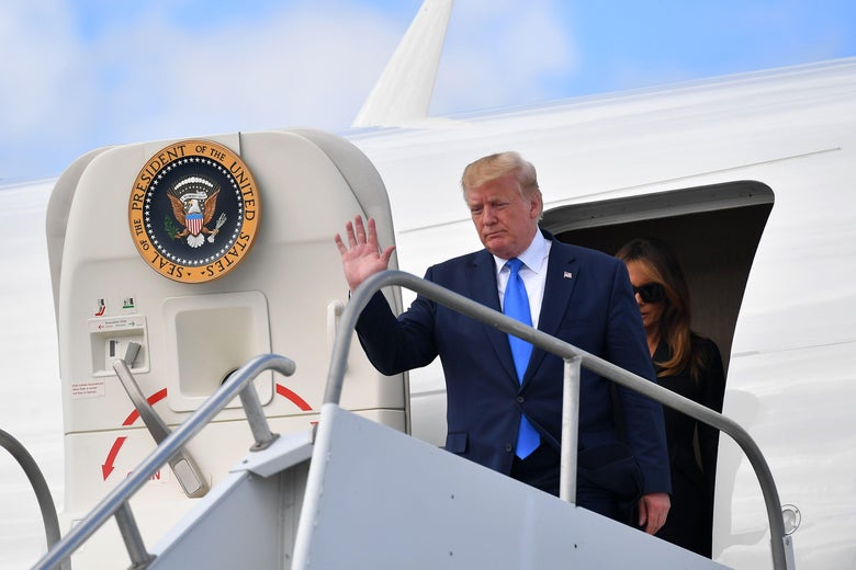 President Donald Trump and First Lady Melania Trump disembark Air Force One upon arrival at Shannon Airport in Shannon, County Clare, Ireland on June 6, 2019 after attending an event to commemorate the 75th anniversary of the D-Day landings.