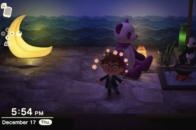 A star-struck video game avatar is seen in a room with a lit crescent room and a giant panda.