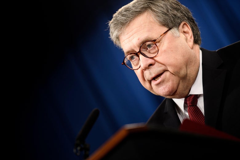 Attorney General William Barr speaks during a press conference about the release of the Mueller Report at the Department of Justice April 18, 2019, in Washington, D.C.